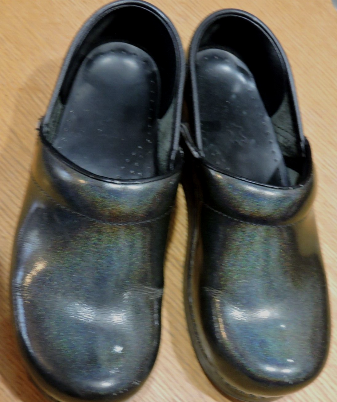 Dansko Women's Size 37EU/6.5US Black Silver Pewter Leather Clogs with Minor Trim Flaws-image