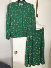 Koret Womens Green Gold Mandarin Top Pleated Skirt Size 12P Y2K