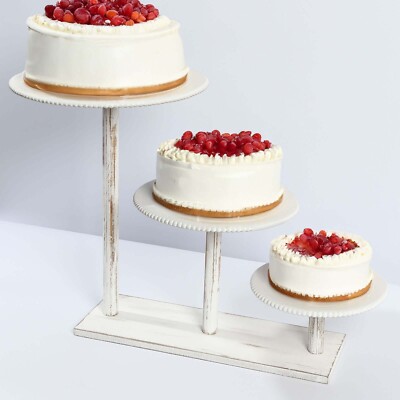 3-Tier WHITEWASH Wooden CAKE STAND Round Beaded Rim