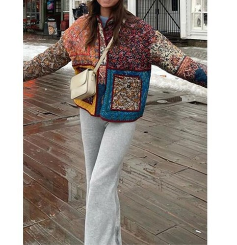 Women's Fashion Floral Color Stitching Quilted Short Coat Jacket Overcoat 0285 - Picture 4 of 4