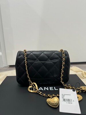 Chanel 22B Black Mini Flap Rectangle Open Heart Gold Logo