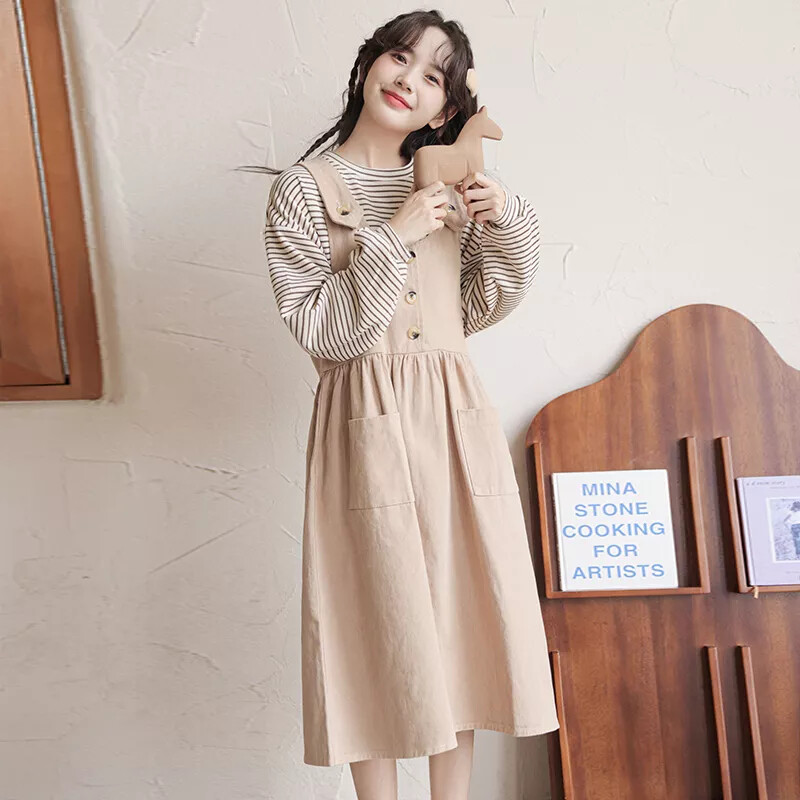 Vestido Mujer Elegante Largo 2 Piezas Suéter Beis Vaqueros Peto 36641