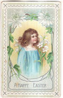 ANTIQUE EMBOSSED EASTER Postcard    YOUNG GIRL IN BLUE DRESS, FLOWERS