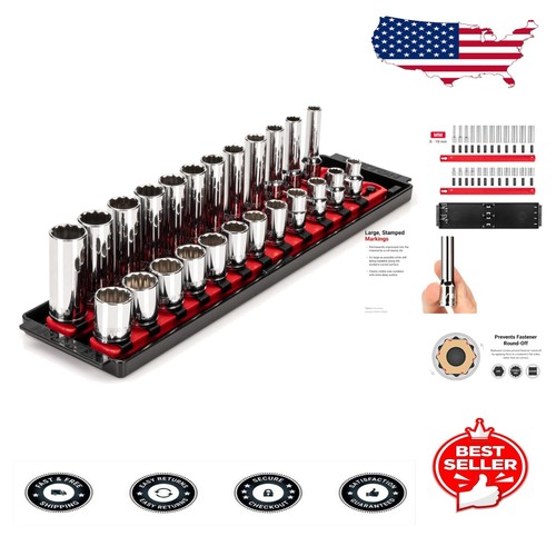 24-Piece 3/8 Inch Drive 12-Point Socket Set with Twist-Lock Rails | 8-19 MM