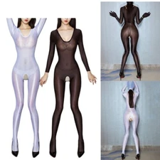 Woman's Shiny Oil Silk Bodysuit Full Jumpsuit Hollow Out Bodystockings Lingerie