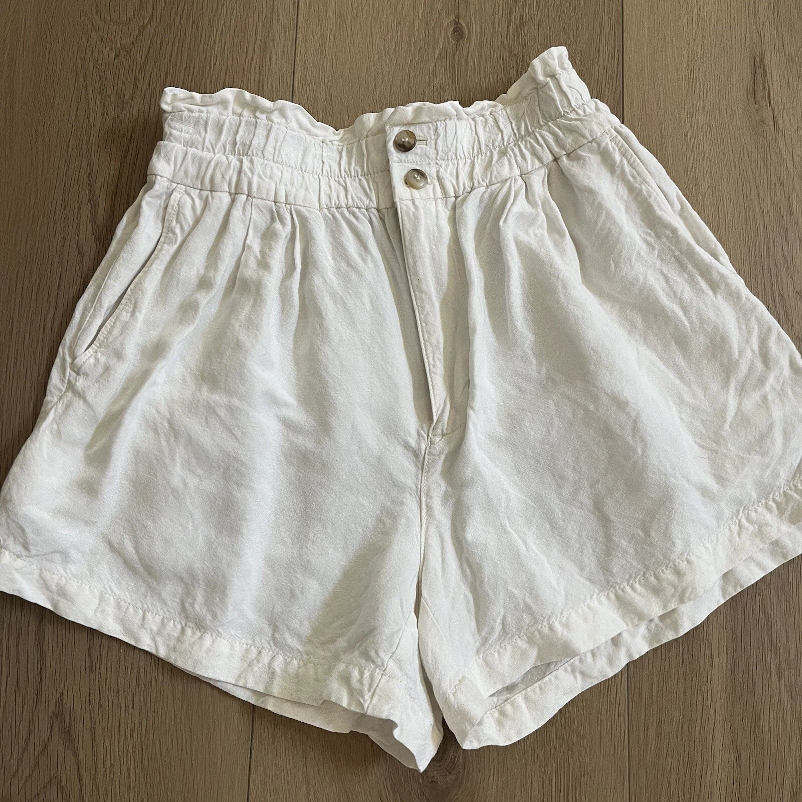 Madewell Linen Cotton Zip Ruffle Elastic Waist Shorts Size XS Beach Coastal