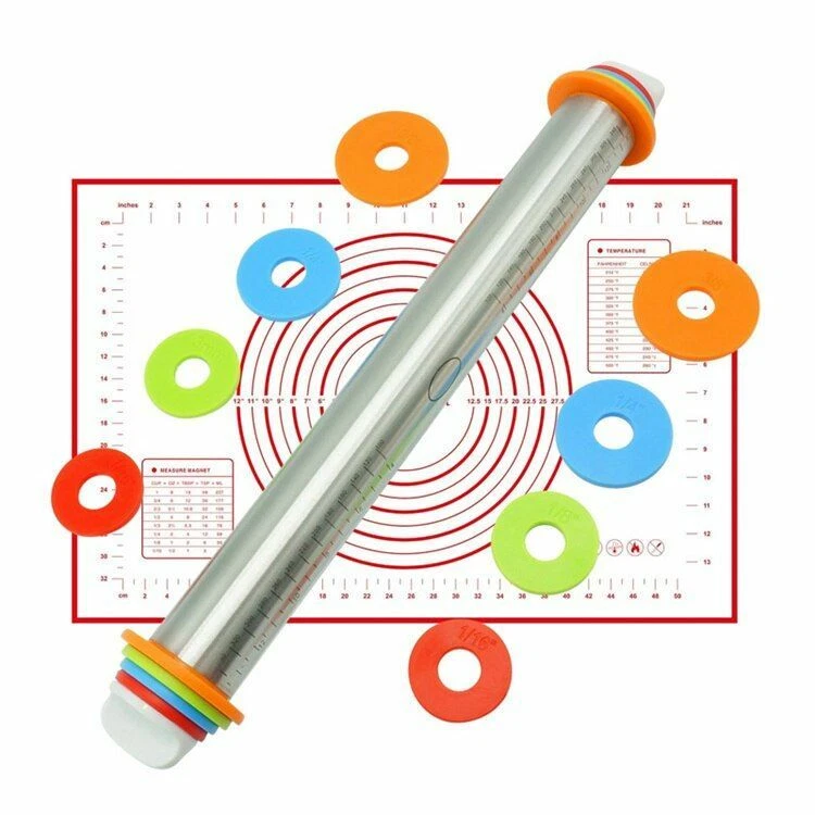Dough Rolling Pin Adjustable Stainless Steel 17inch With Mat Roller And 4 Rings