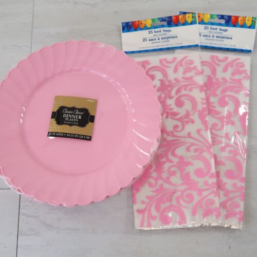 36 Light Pink Plastic Plates 10.5 Inch Disposable Fancy Party with 50 favor bags