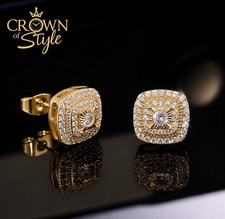 Trendy 18K Gold Plated Square Iced Diamond CZ Stud Earrings - Men’s Premium UK