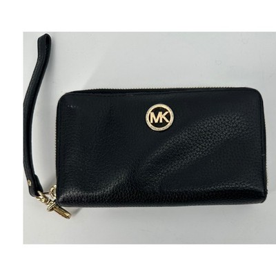 Michael Kors Adele Black Pebbled Leather Smartphone Wristlet Wallet Gold Tone