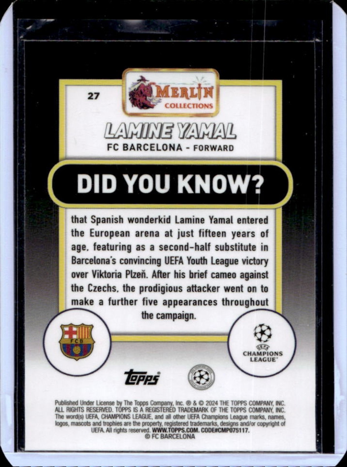 2023-24 Topps Chrome Merlin UEFA Lamine Yamal RC Rookie #27 Barcelona view 2