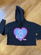 Barbie Movie Crop Hoodie Black Graphic Heart Logo Sweatshirt Size M New