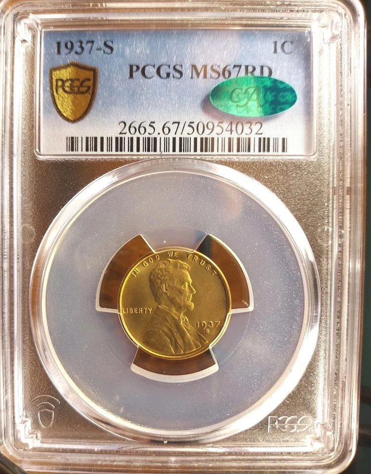 CAC Stickered 1937 S Lincoln Wheat Cent PCGS MS-67 RD CAC - Image 2 of 4
