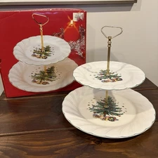 Nikko Japan Happy Holidays Christmastime Two Tiered Tidbit Tray Christmas Tree