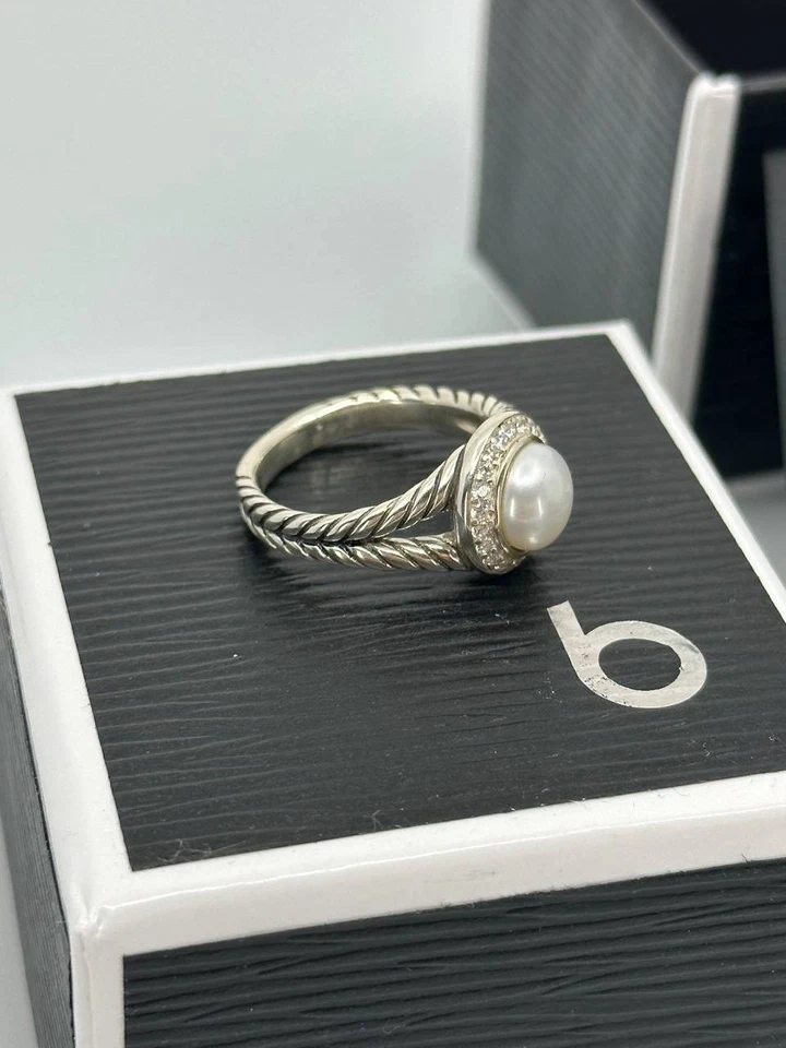 Authentic david yurman women's pearl ring sterling silver and diamonds size 8 - Image 4 of 4