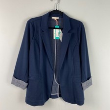 Skies Are Blue Asa Knit Blazer Size Large Navy Blue Open Front 3/4 Sleeves