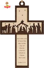 Wooden Cross Ornament for Christmas Tree with Holy Nativity 1pc 