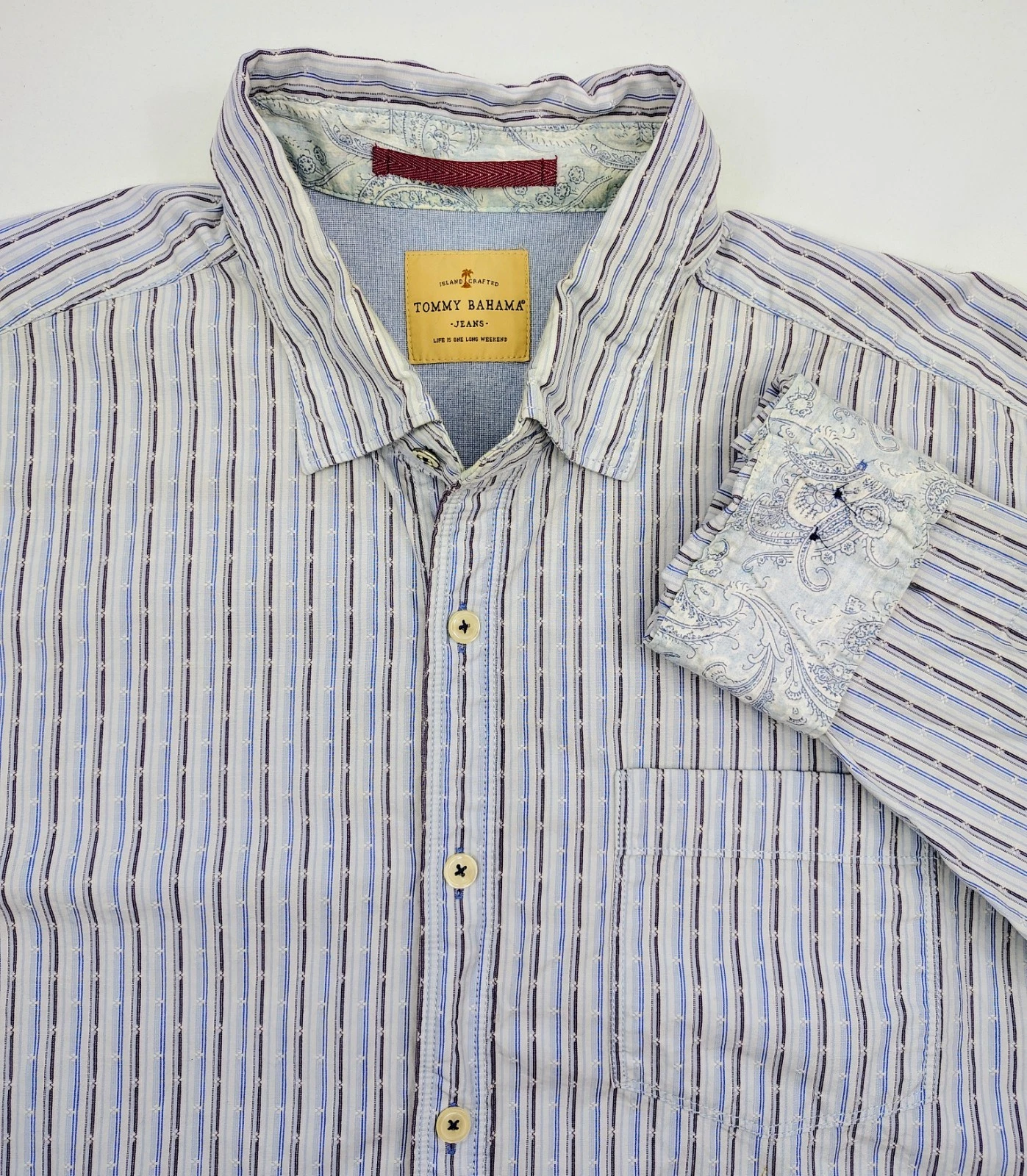 Tommy Bahama Jeans Long Sleeve Shirt Mens XL Blue Striped w/ Paisley Flip Cuff