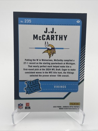 Panini Donruss Optic JJ McCarthy RC #235 2024 clasificación Rookie Vikings - Imagen 2 de 2