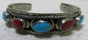 Native American Sterling Silver Star Co Coral Turquoise Cuff Bracelet 7 1/4" NM