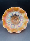 Dugan Flowers and Frames Peach Opalescent Carnival Glass Footed Bowl EAPG