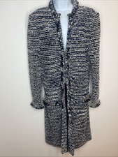 ST. JOHN Collection Santana Knit Tweed Long Jacket Navy Ivory Gold Buttons 12