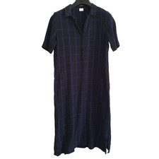 Poetry Dress Size 12 Linen Blend Charcoal Blue Check Midi Shift Dress Utility