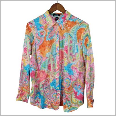 Chaps Ralph Lauren Button Up Top Plus Size 1X Career Bright Paisley Pink Blue