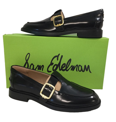 Sam Edelman Women's Elaina Slip On Black Lea Loafers Gold buckle