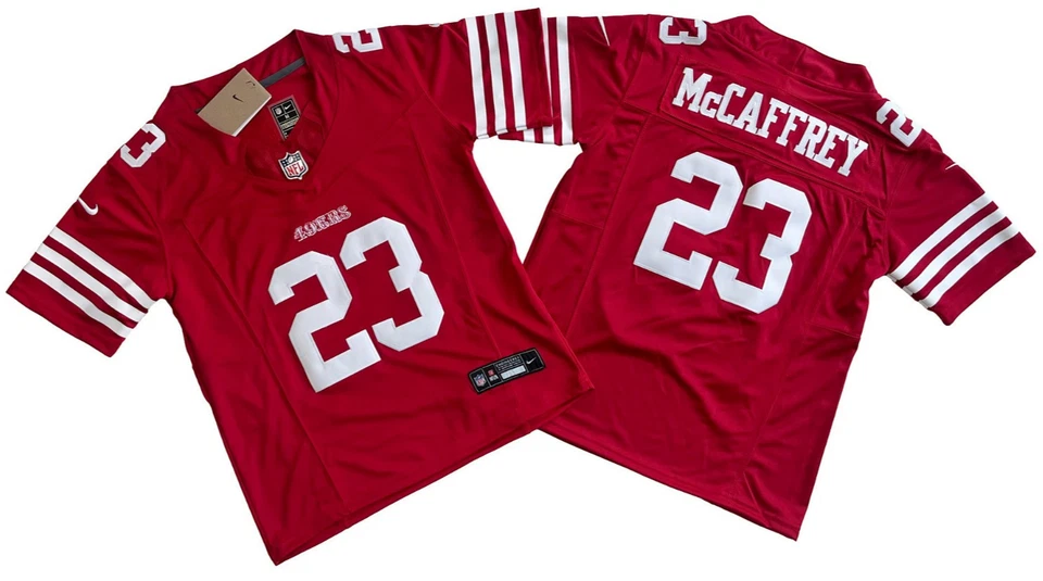 ​​Tariffs​ Free! YOUTH'S 49ers #23 Christian McCaffrey FUSE Scarlet Sewn Jersey.