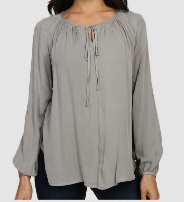 Bobeau Collection Women's Gray Rumi Tie Neck Long Sleeve Blouse Top Size XS