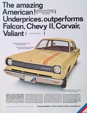 Print Ad 1965 Yellow American Motors Rambler 220 2-Door Sedan Racing Stripe