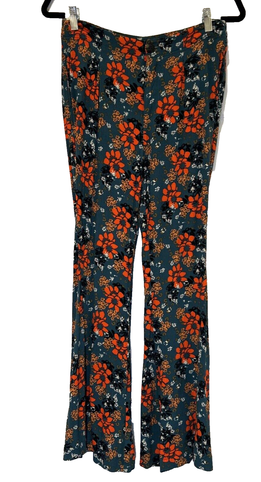 Free People Floral Flare Pants Teal Orange Blossom Print High Rise Size Small
