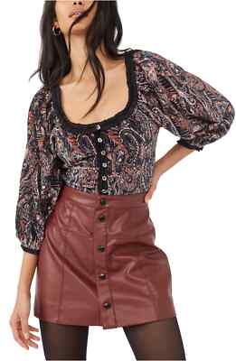 Free People NEW Women Dare Me Tie-Back Velvet Blouse Top Navy Shirt Size XL $128