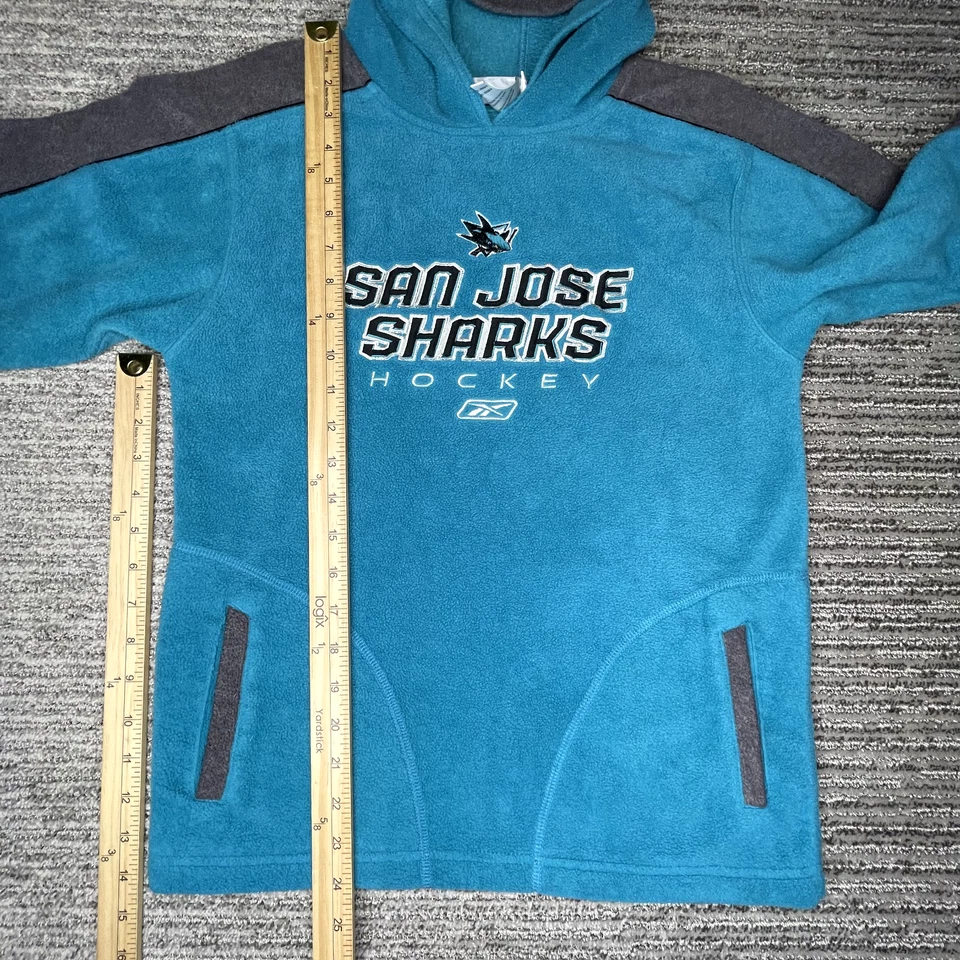 Moletom com capuz unissex juvenil Reebok Youth tamanho M 10/12 San Jose Sharks hóquei azul-petróleo - Imagem 3 de 4