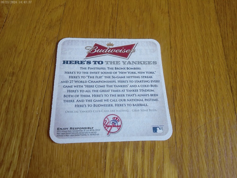 Yankee Baseball Collectible Budweiser Bud Beer Coaster 2013 Beermat