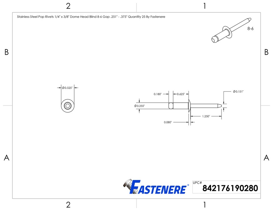 BOX OF 100) Alumnum Pop Rvets 1/8" DA Dome Head Blnd Gap Range - Foto 11