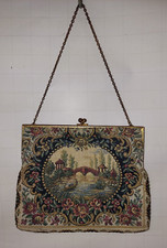 Vintage French Petit Point Purse Handbag Tapestry Gold Chain Strap Grandmacore