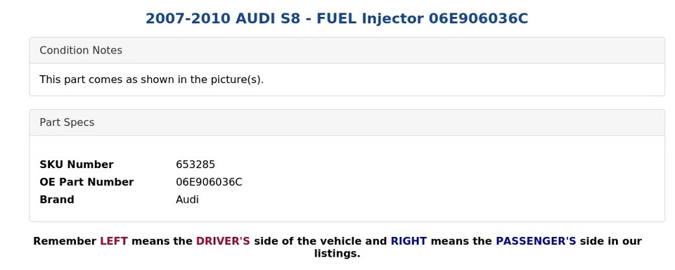 AUDI S8 2007-2010 - Inyector de combustible 06E906036C Foto 3 de 4