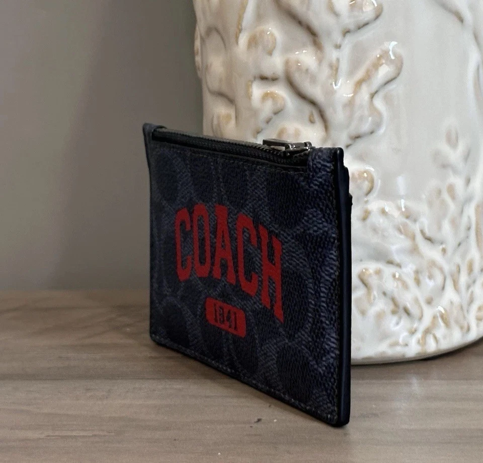 Estuche para Tarjetas COACH CBJ98 Cremallera Firma Lona y Cuero Gráfico Coach Azul Marino/Rojo Negrito Foto 2 de 4