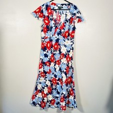 Hobbs Vintage Floral Dress Women’s Size 14 MIDI 100% Linen Blue Red Fit & Flare