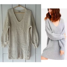 AE American Eagle Cream Knit Sweater Dress Sz M V-Neck Balloon Sleeve