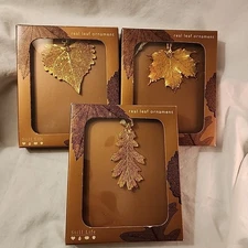 3 Still Life, Real Leaf Ornament in 24k Gold, Cottonwood, Lacy Oak, Sugar Maple