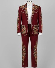 Men's Mehroon 2-Piece Suit Floral Embroidered Western Wedding Prom Slim