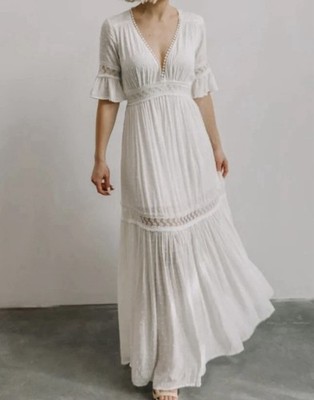 Baltic Born Rayne Swiss Dot Ivory Maxi Dress Deep V Boho Cottagecore Wedding