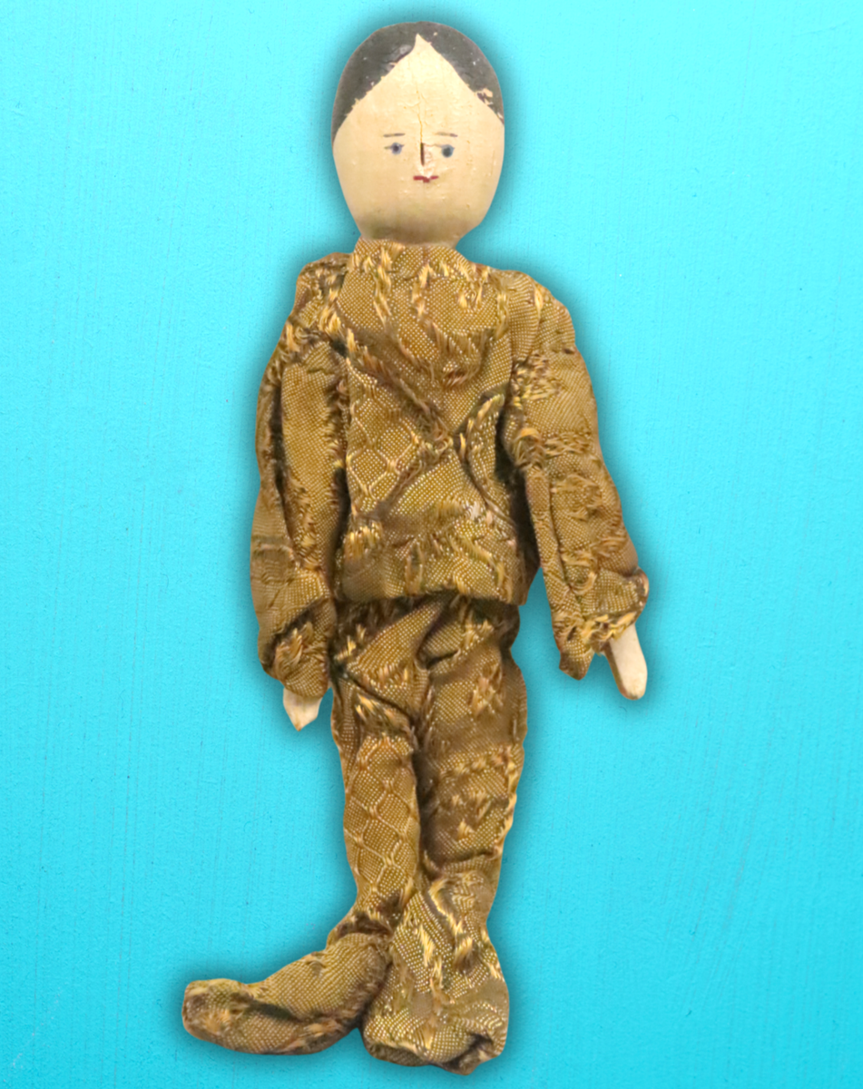 Antique 19thC Wooden Peg Doll Primitive Folk Art Handmade Cloth