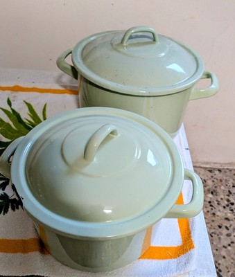 2x Vintage Emaille Töpfe | Hellgrün | 60er Jahre | Deko Pflanztopf Landhaus