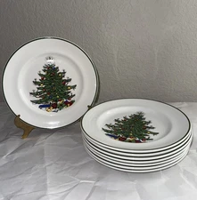 4 Vtg Cuthbertson Christmas Tree 8" Salad Dessert Plates Green Stripe England-GC