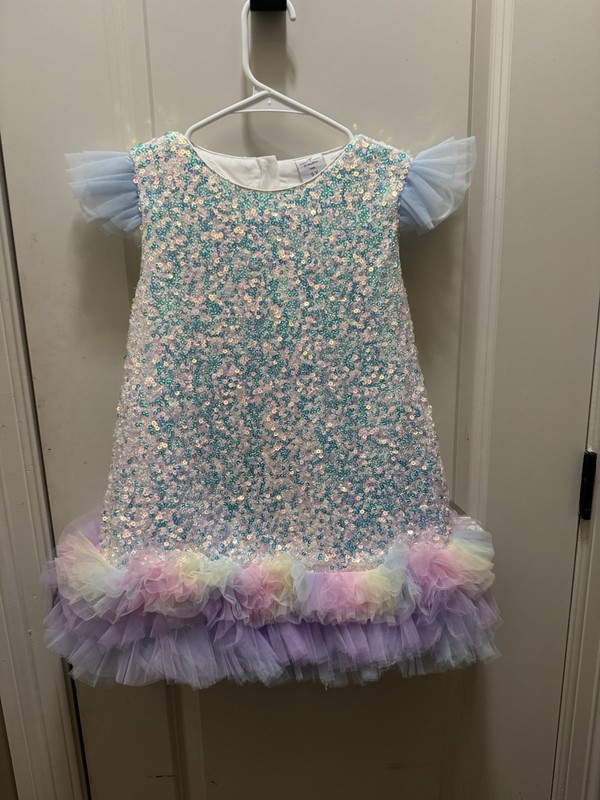 Girls Multicolor Sequin Tulle Ruffle Fit & Flare Party Dress 5Y