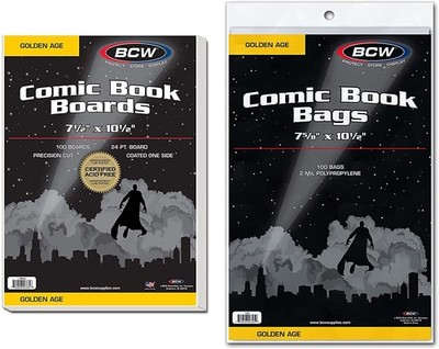 100 BCW Golden Age Acid Free 2-Mil Polypropylene Comic Bags & Backing Boards SET